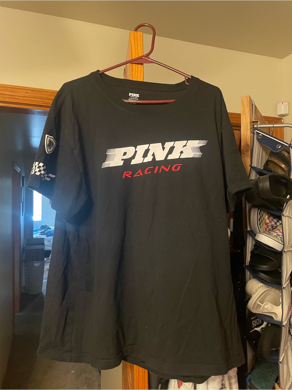 PINK Victoria's Secret Black Racing Logo Tee